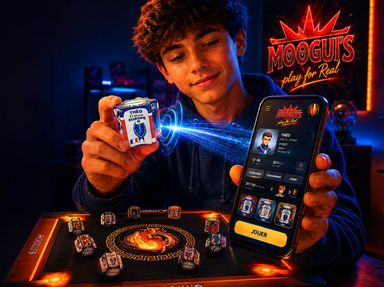 Moogui's-Spieler scannt seinen physischen Moogue mit dem Smartphone vor der Arena